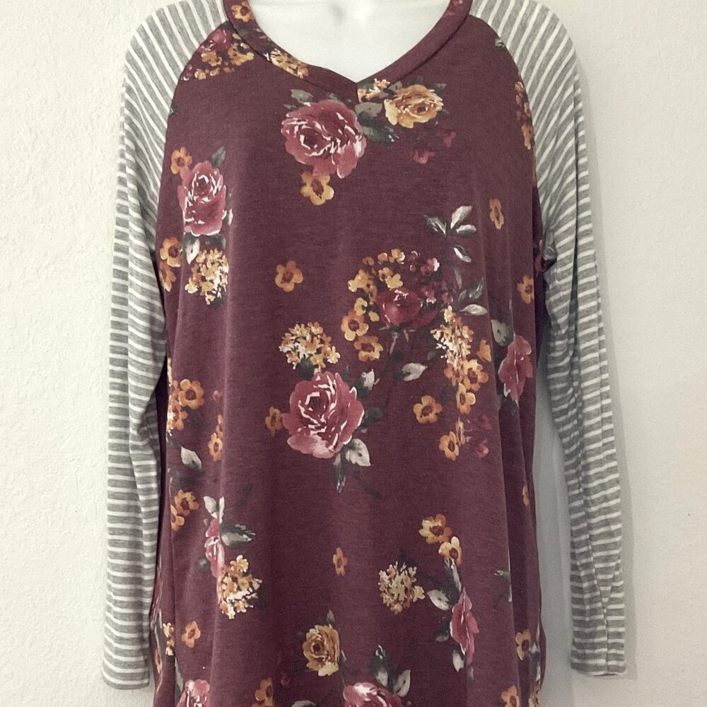 SEW IN LOVE FLORAL LONG SLEEVE STRIPED TEE TOP